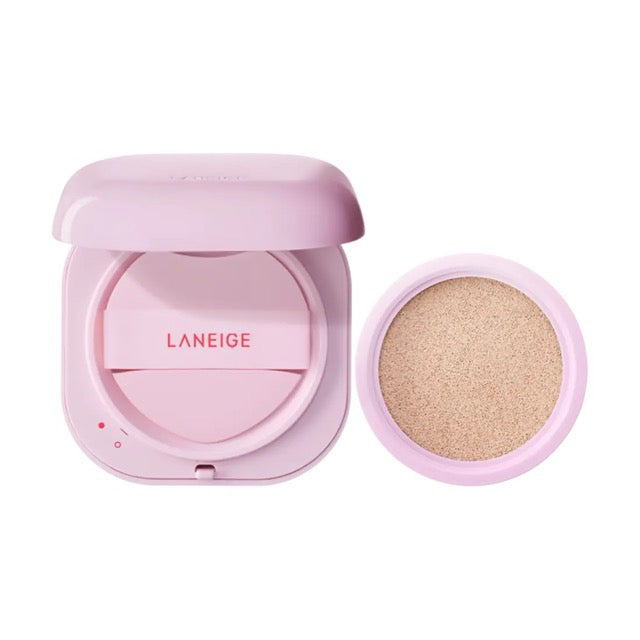 LANEIGE Neo Cushion The Glow compact shown with a model against a pink background