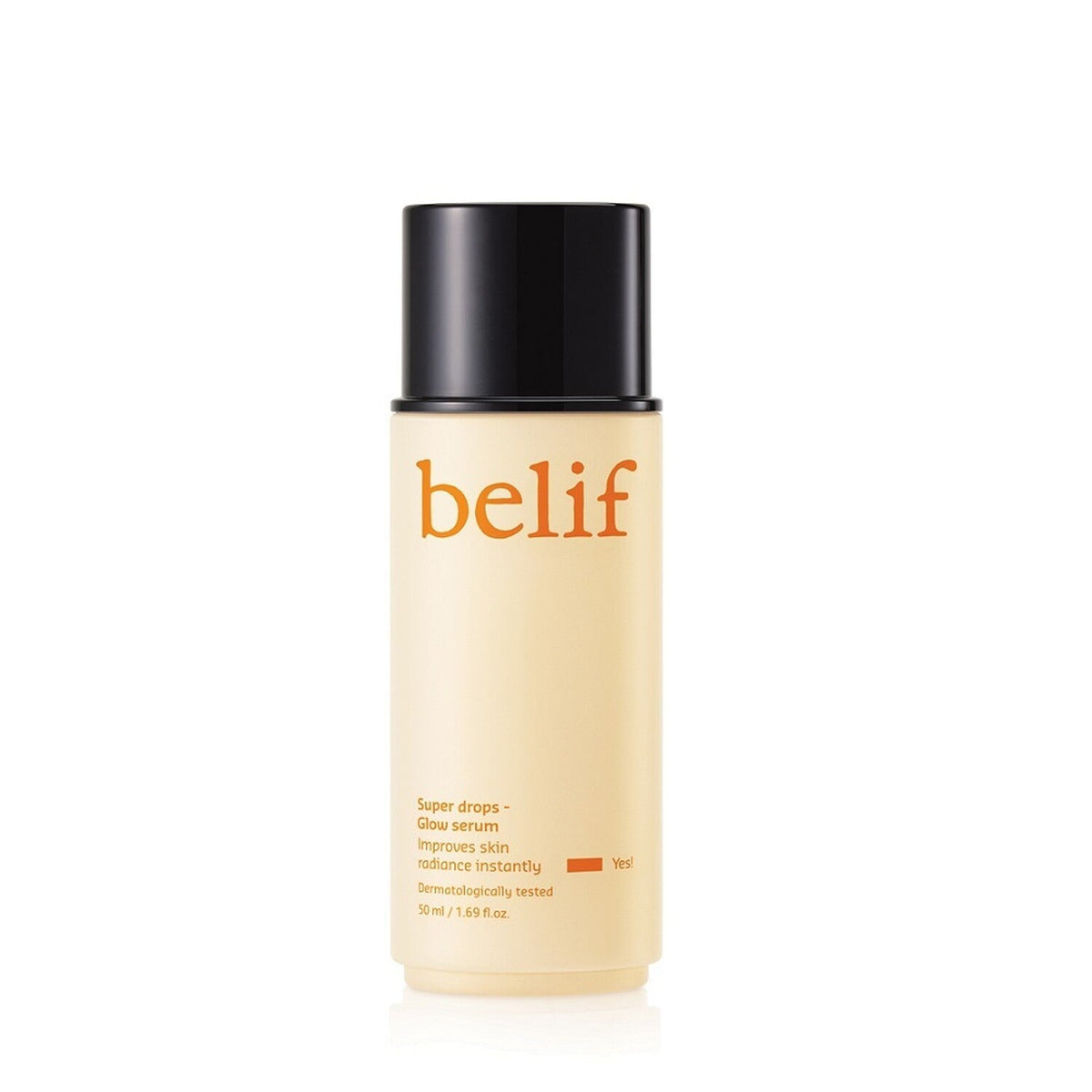 belif Super Drops Niacinamide Golden Glow Serum 50ml bottle with a luminous serum swatch