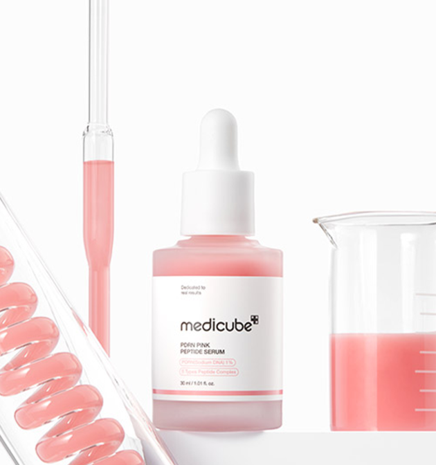 medicube PDRN Pink Peptide Serum 30 ml bottle with pink serum droplets