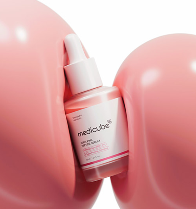 medicube PDRN Pink Peptide Serum 30 ml bottle with pink serum droplets