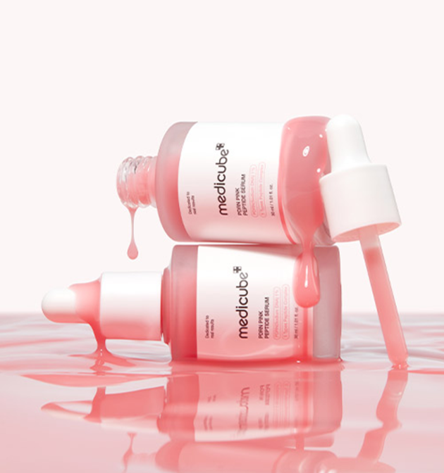 medicube PDRN Pink Peptide Serum 30 ml bottle with pink serum droplets