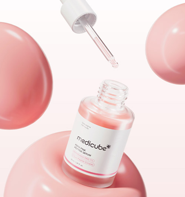 medicube PDRN Pink Peptide Serum 30 ml bottle with pink serum droplets