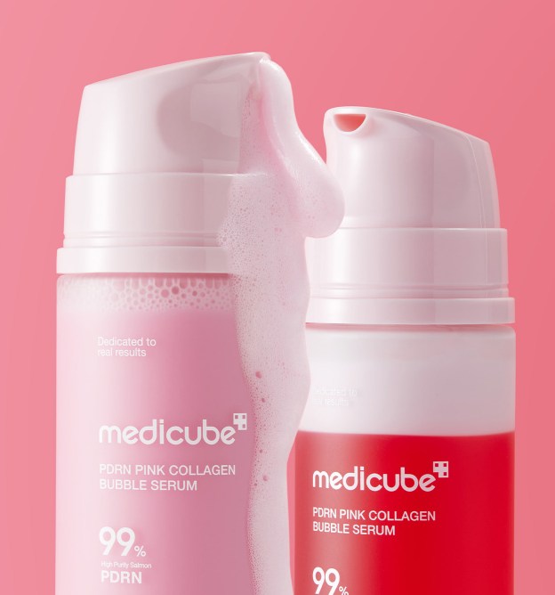 medicube PDRN Pink Collagen Bubble Serum 95ml bottle with pink bubbles and a facial mask