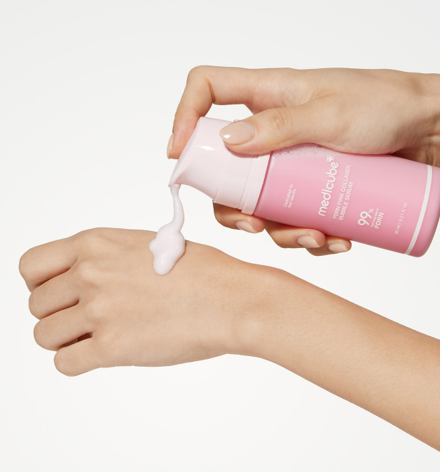 medicube PDRN Pink Collagen Bubble Serum 95ml bottle with pink bubbles and a facial mask