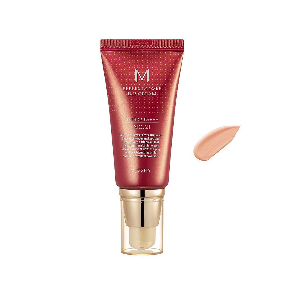 MISSHA M Perfect Cover BB Cream SPF 42 PA+++ 50ml tube with beige BB cream swatch