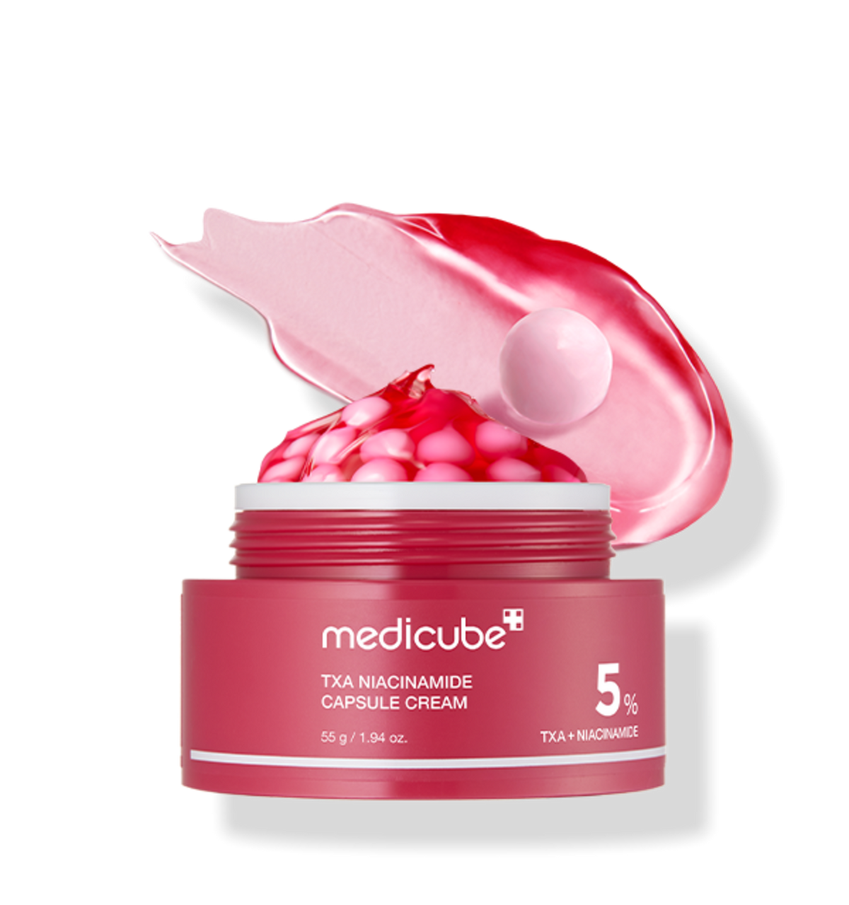 medicube TXA Niacinamide Capsule Cream 55 g jar with red capsules and gel