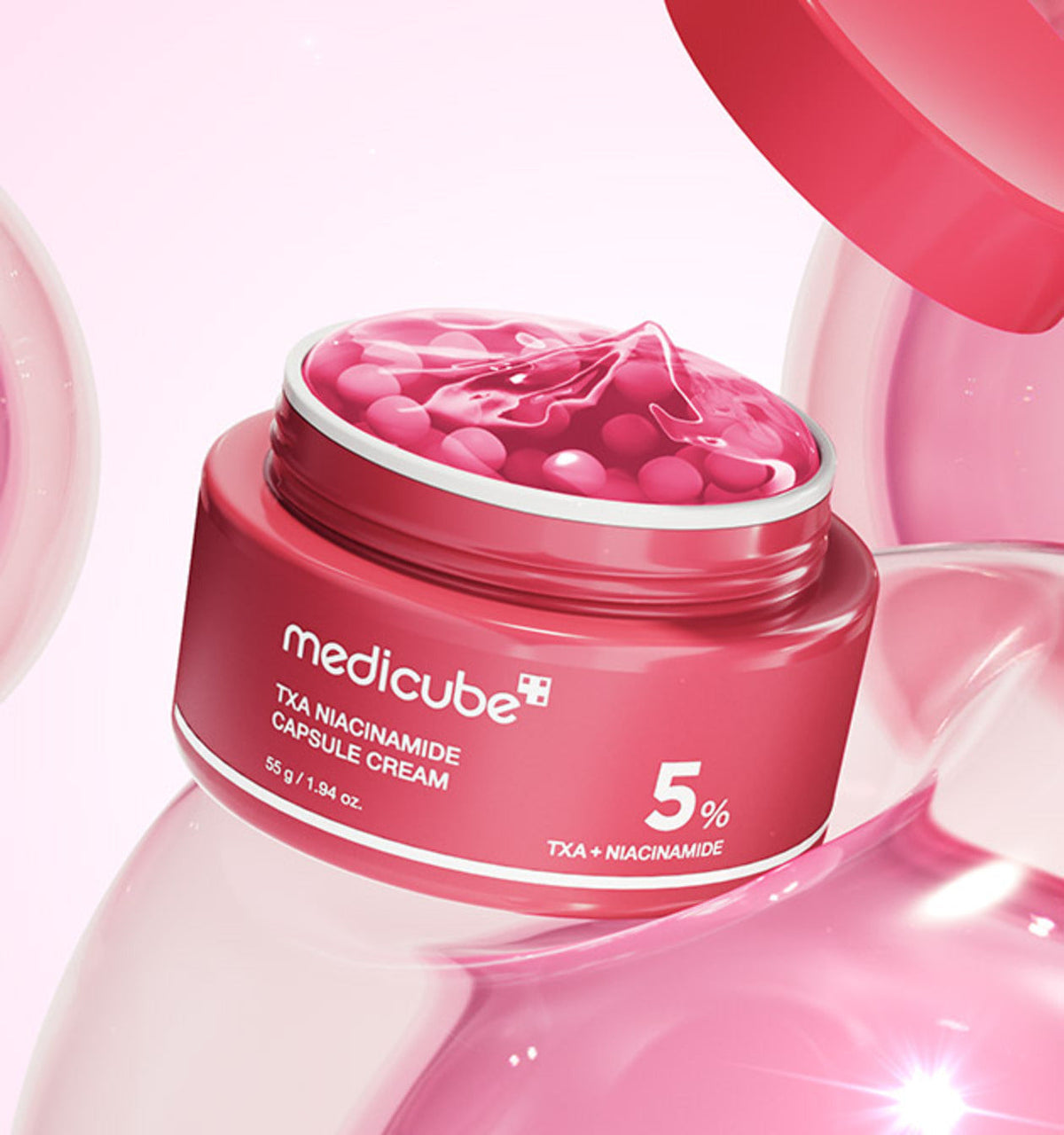 medicube TXA Niacinamide Capsule Cream 55 g jar with red capsules and gel