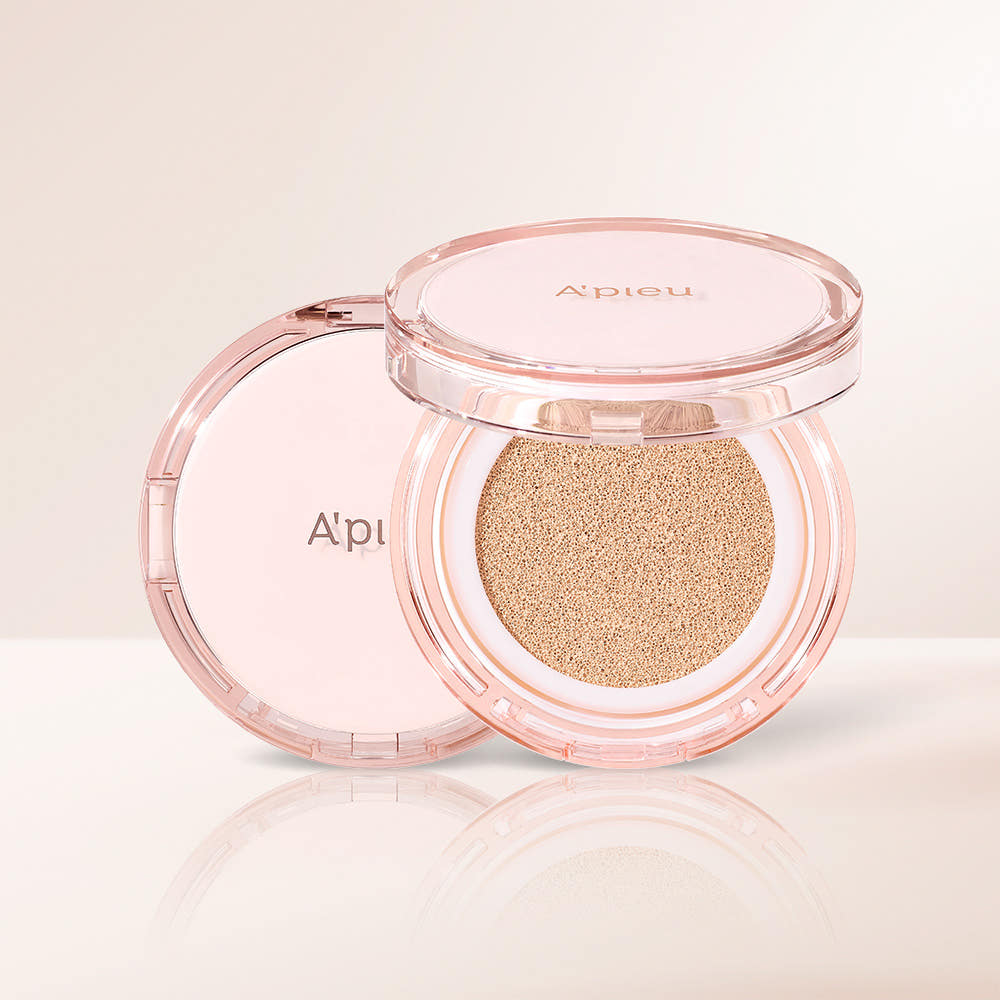 A'pieu Waterlock Cushion compact in pink packaging with the lid open
