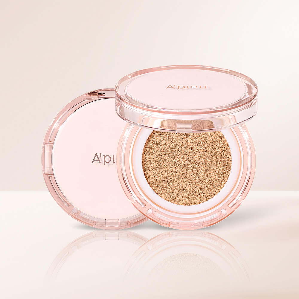A'pieu Waterlock Cushion compact in pink packaging with the lid open