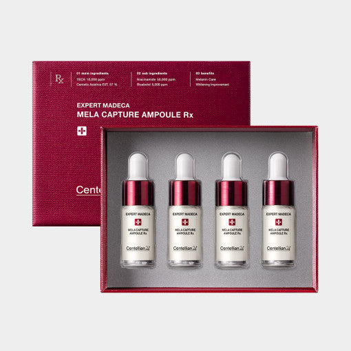 CENTELLIAN24 Expert Madeca Mela Capture Ampoule Rx 7 mL x 4 set with four dropper bottles in a red box