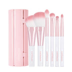 CORINGCO Pink Roll Brush Set 6P with six pink makeup brushes in a roll-up case