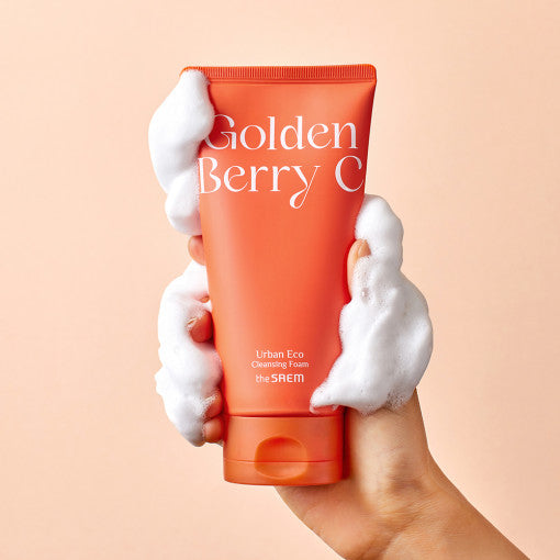 The SAEM Urban Eco Golden Berry C Cleansing Foam 150ml tube with rich cleansing foam and golden berry imagery