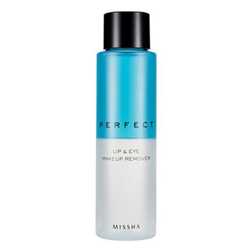 Blue MISSHA Perfect Lip & Eye Makeup Remover bottle with black cap on a white background
