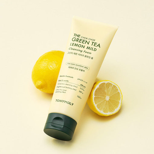TONYMOLY The Chok Chok Green Tea Lemon Mild Cleansing Foam 150ml tube with green tea leaves and lemons
