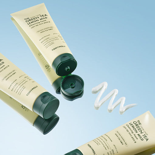 TONYMOLY The Chok Chok Green Tea Lemon Mild Cleansing Foam 150ml tube with green tea leaves and lemons