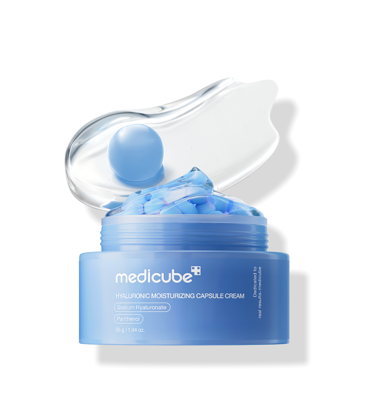 medicube Hyaluronic Moisturizing Capsule Cream 55g jar with blue capsules and transparent gel