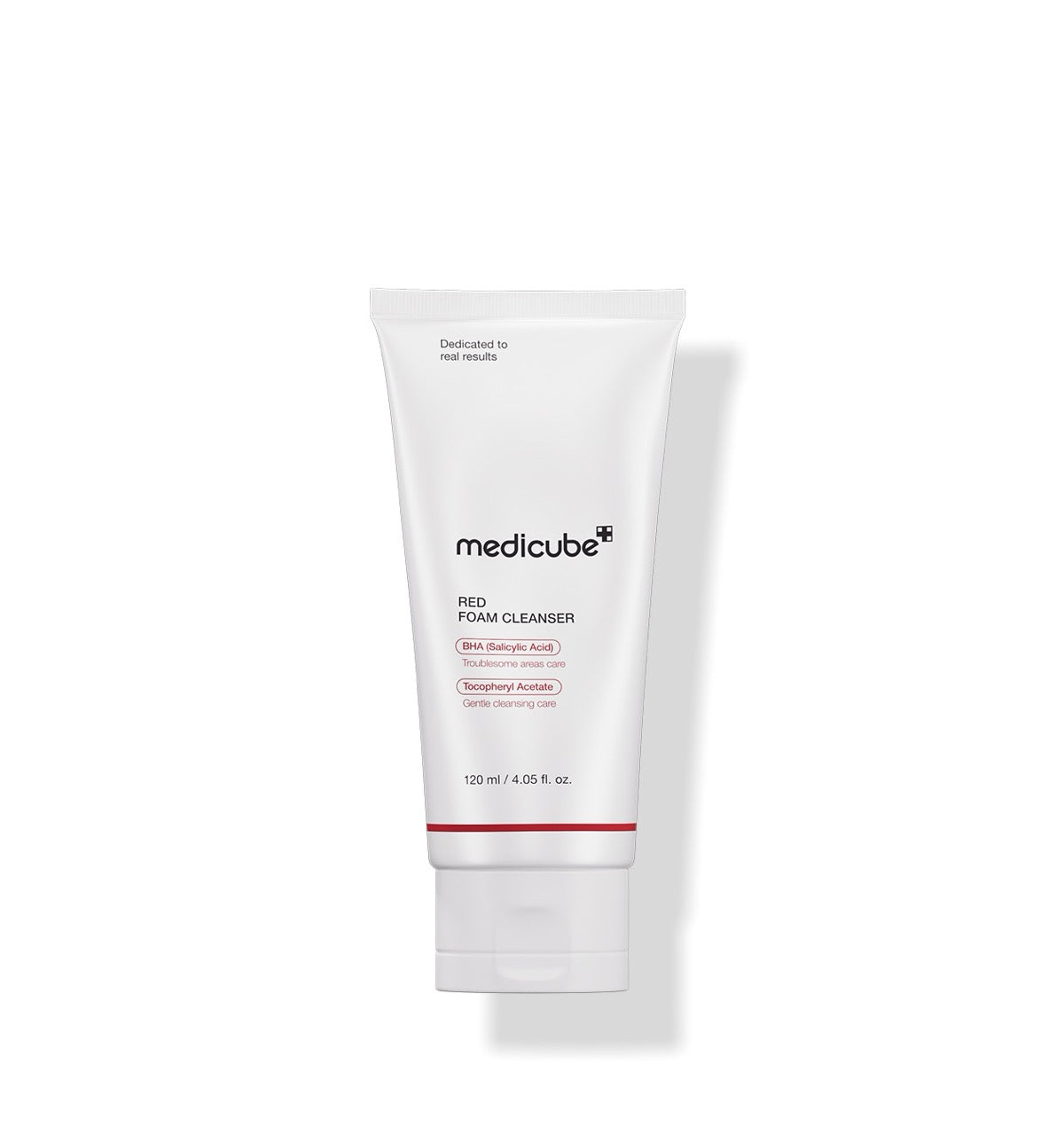 Medicube Red Foam Cleanser 120 ml white tube displayed against a cushion of white foam