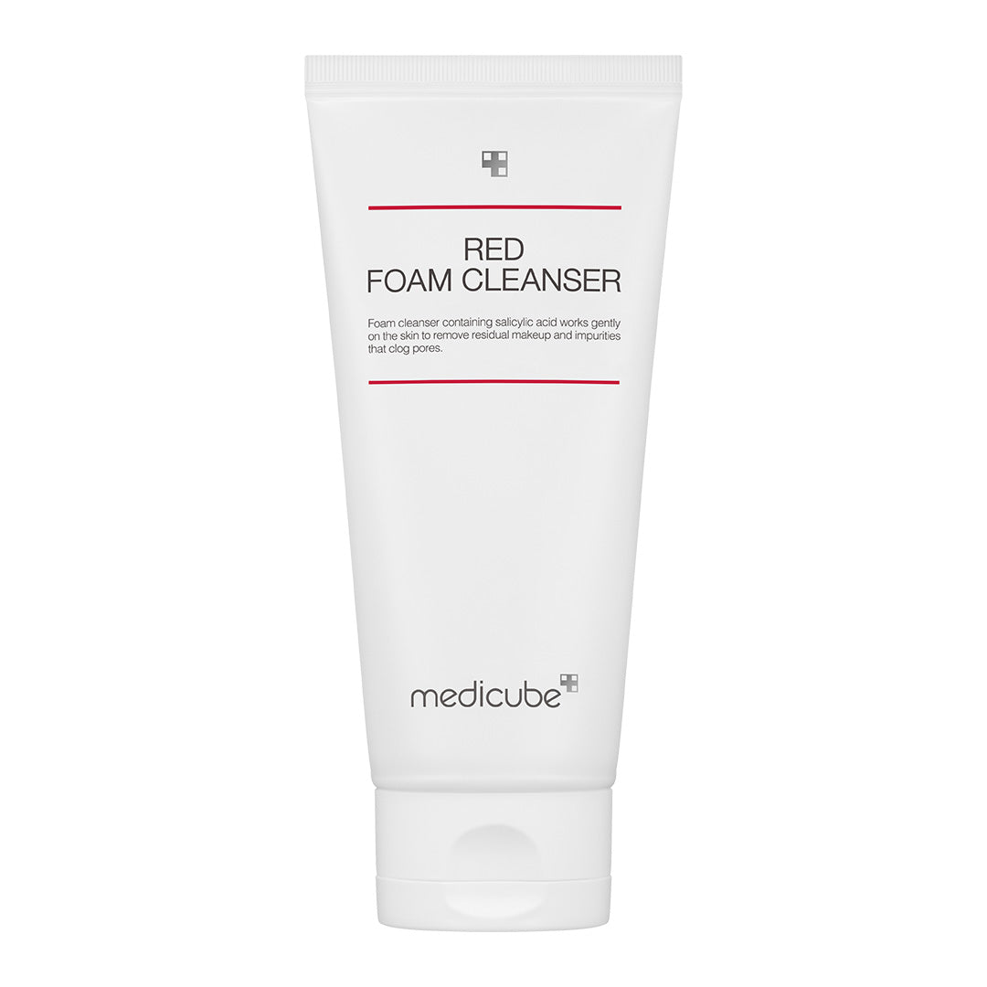 Medicube Red Foam Cleanser 120 ml white tube displayed against a cushion of white foam