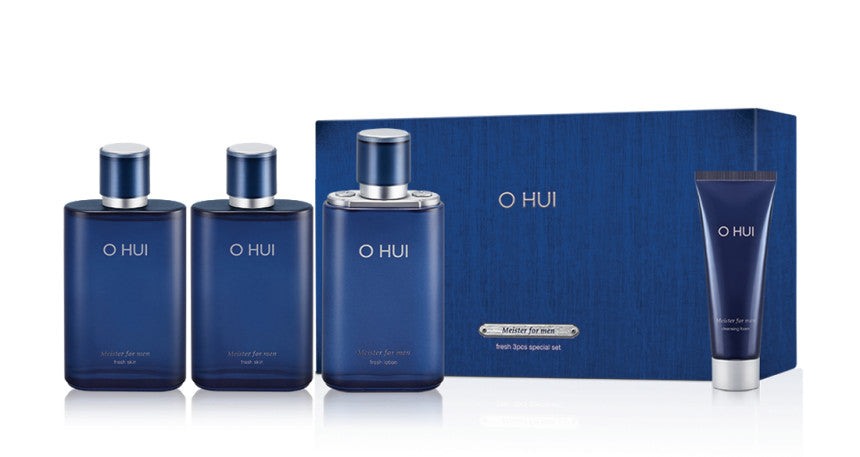 O HUI Meister for Men Fresh 3pcs Special Set with two Fresh Skin bottles, Fresh Lotion, and Cleansing Foam in a blue gift box